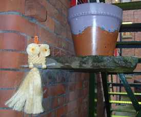 Mother macrame owl by plant pot nest 28 July 2009